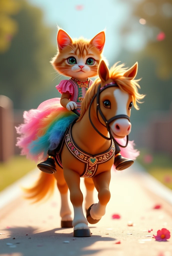 (photorealism:1.2), cute ginger cat, riding on a cute pony wearing rainbow dress walking on the runway