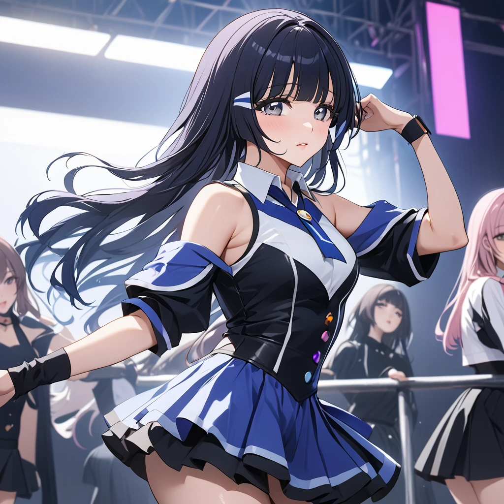 ((Highest quality)), ((masterpiece)), (detailed), (Perfect Face)、The woman is Aoki Reika, has medium-long hair and is a member of a K-POP girl group.、The woman is wearing a cool costume from a K-pop girl group and dancing a K-pop dance.