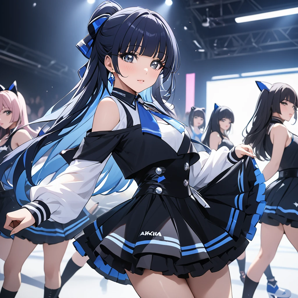 ((Highest quality)), ((masterpiece)), (detailed), (Perfect Face)、The woman is Aoki Reika, has medium-long hair and is a member of a K-POP girl group.、The woman is wearing a cool costume from a K-pop girl group and dancing a K-pop dance.