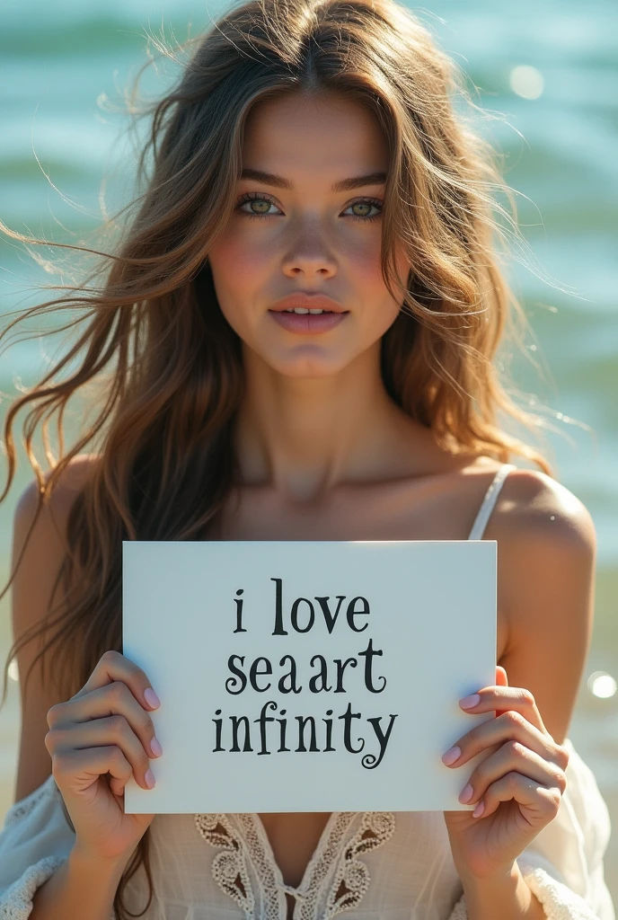 Beautiful girl with wavy long hair, bohemian dress, holding a white board with text "I Love Seaart Infinity" and showing it to the viewer