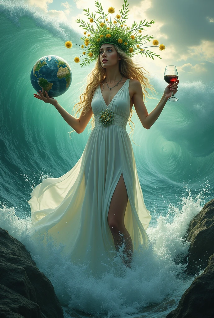 The god Gaia is wearing a white dress with a green natural crown, holding a red wine glass in his right hand and a world in his left hand, half of his body emerging from the sea, the sea water crashing in.