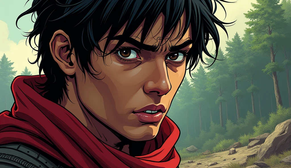 Comic style. A close-up of Arav’s face, with sweat on his forehead, his dark eyes reflecting turmoil. His black hair is slightly tousled. The background transitions from a battlefield to a peaceful forest, symbolizing his longing for peace. His red scarf is visible around his neck.