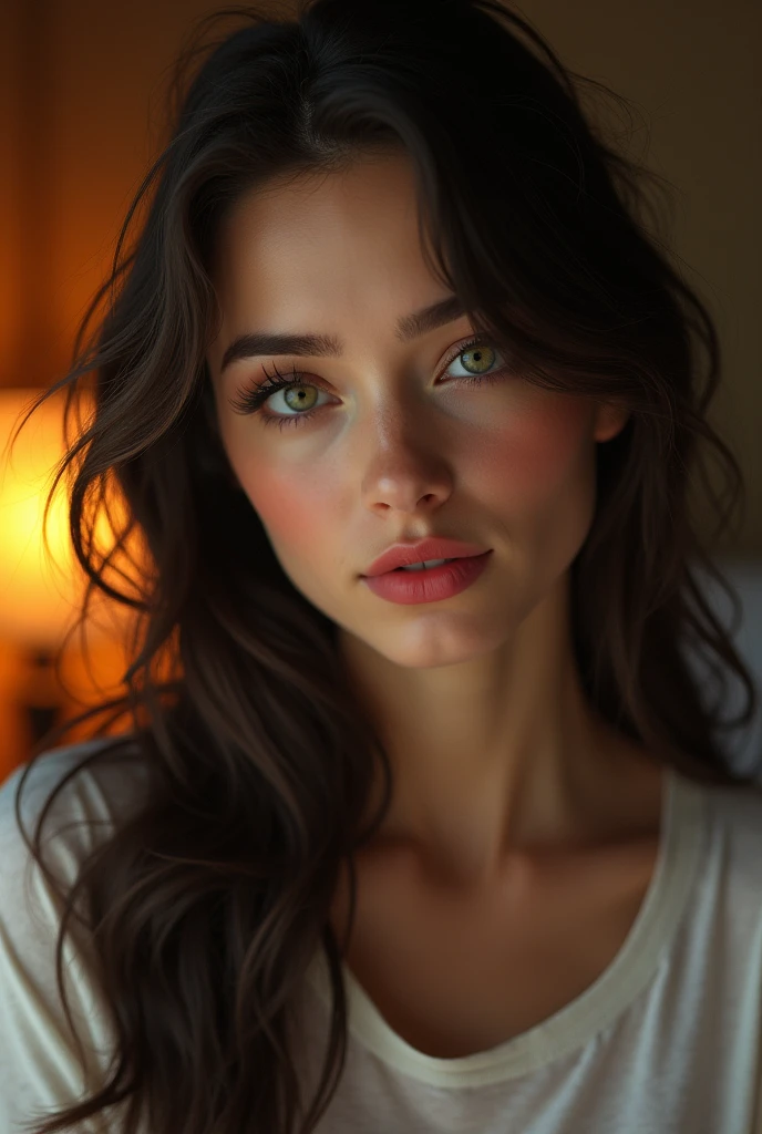 Masterpiece, raw,  beautiful art, professional artist, 8k, art style by sciamano240, very detailed face, very detailed hair, (1girl), caressing each other, perfectly drawn body, beautiful face, long hair , very detailed green/gray eyes , rosey cheeks, intricate details in eyes, sultry smile, looking directly at viewer , lusty expression, lipstick, very close up on face, wearing cozy tshirt, home setting, 