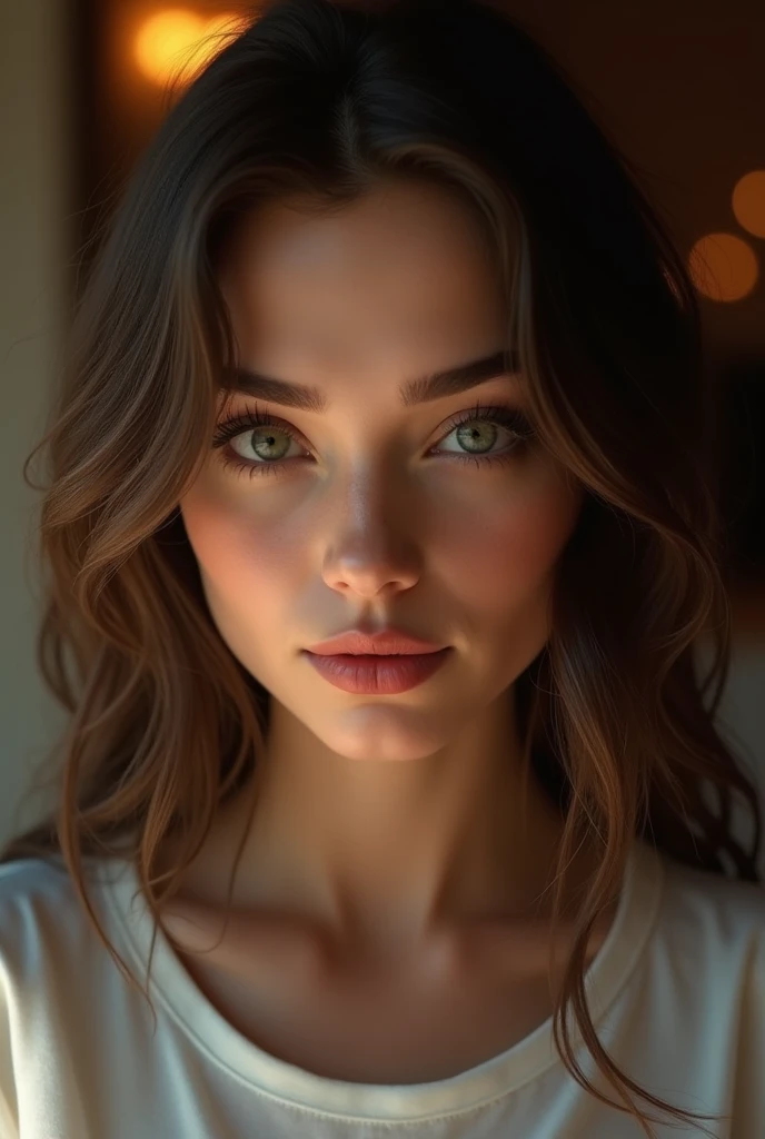 Masterpiece, raw, beautiful art, professional artist, 8k, art style by sciamano240, very detailed face, very detailed hair, (1girl), caressing each other, perfectly drawn body, beautiful face, long hair , very detailed green/gray eyes , rosey cheeks, intricate details in eyes, sultry smile, looking directly at viewer , lusty expression, lipstick, very close up on face, wearing cozy tshirt, home setting,