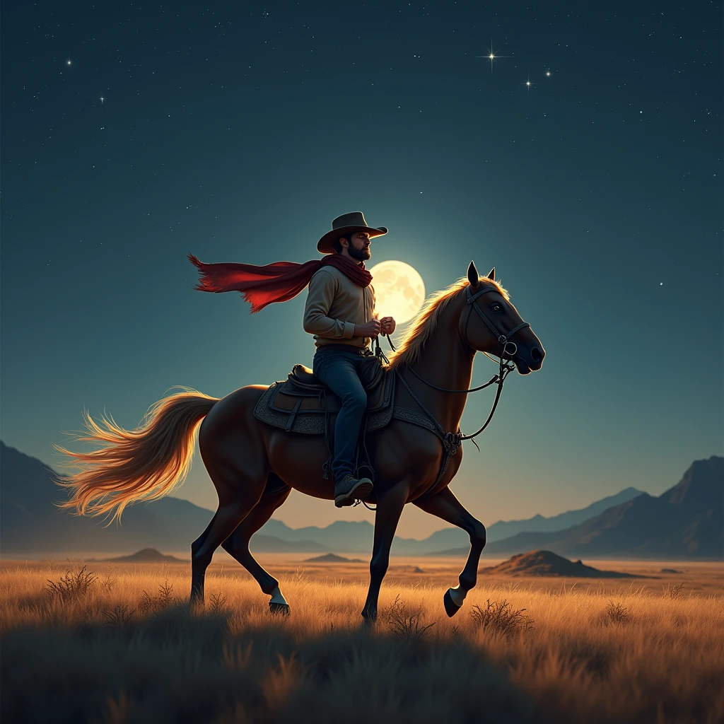 “Create an inspiring scene of a determined cowboy riding his horse under a starry night sky, illuminated by the soft glow of the full moon. The cowboy should have a resolute expression, embodying resilience and perseverance. The background features wide-open plains and distant mountains, evoking a sense of an endless journey ahead. Use warm tones to create a motivational and uplifting atmosphere.”