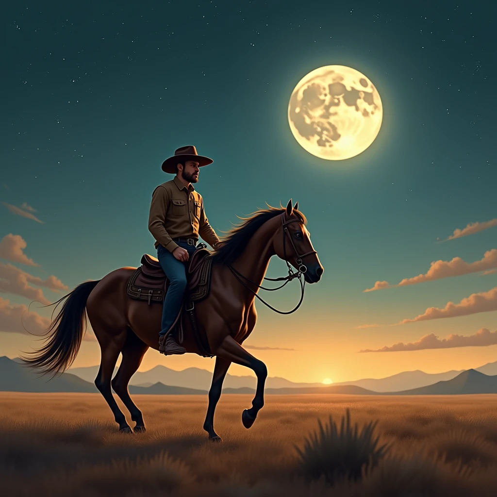 “Create an inspiring scene of a determined cowboy riding his horse under a starry night sky, illuminated by the soft glow of the full moon. The cowboy should have a resolute expression, embodying resilience and perseverance. The background features wide-open plains and distant mountains, evoking a sense of an endless journey ahead. Use warm tones to create a motivational and uplifting atmosphere.”