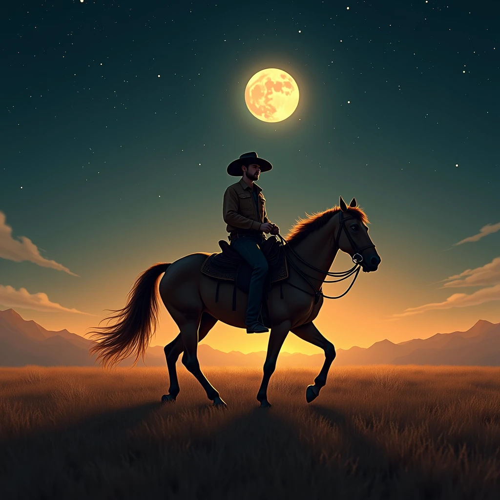 “Create an inspiring scene of a determined cowboy riding his horse under a starry night sky, illuminated by the soft glow of the full moon. The cowboy should have a resolute expression, embodying resilience and perseverance. The background features wide-open plains and distant mountains, evoking a sense of an endless journey ahead. Use warm tones to create a motivational and uplifting atmosphere.”