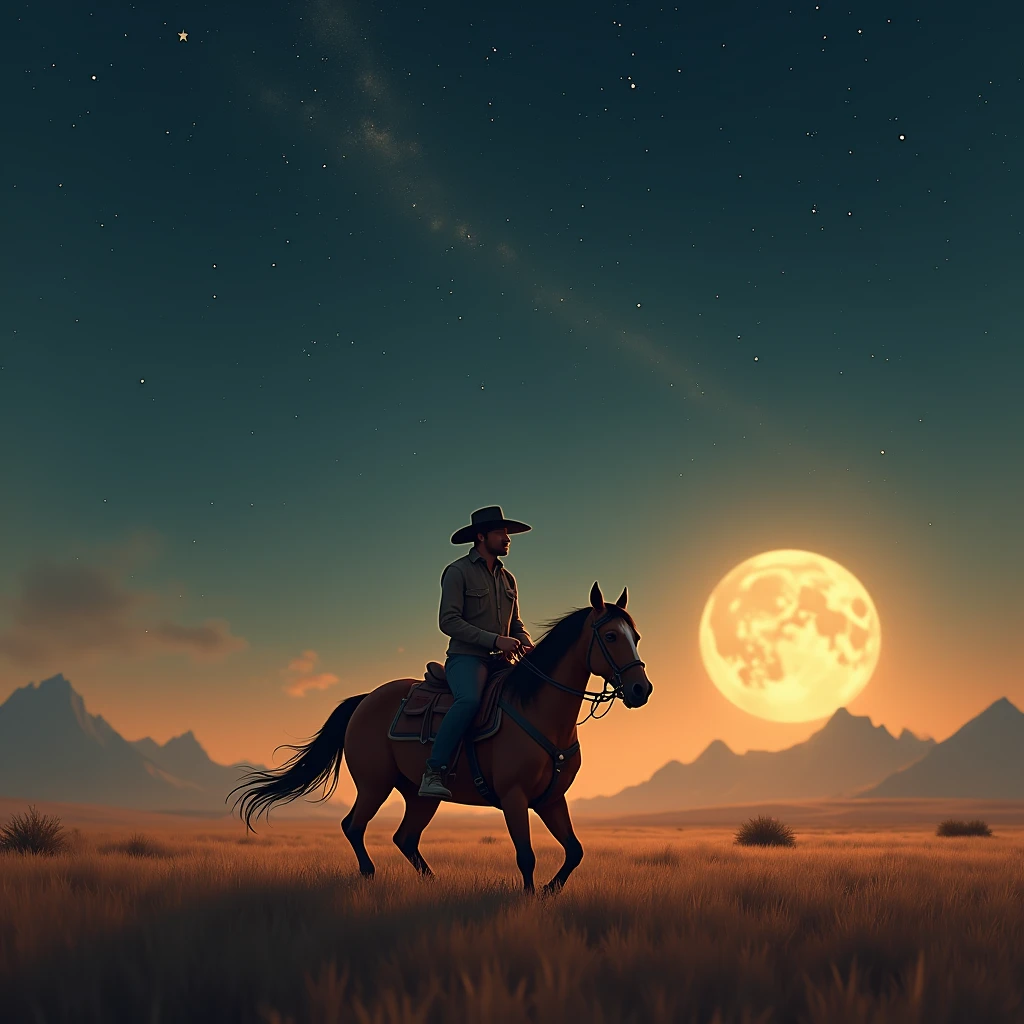 “Create an inspiring scene of a determined cowboy riding his horse under a starry night sky, illuminated by the soft glow of the full moon. The cowboy should have a resolute expression, embodying resilience and perseverance. The background features wide-open plains and distant mountains, evoking a sense of an endless journey ahead. Use warm tones to create a motivational and uplifting atmosphere.”
