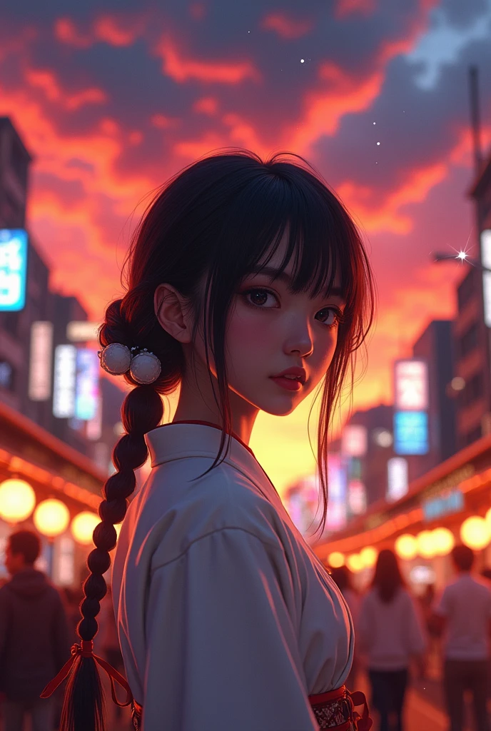 ((NSFW:-0.95)), (((nipple:-0.9))), ((Acutance:0.85)), (((from below)), The Sky takes up more than third of the composition ) . The background is the downtown area at (Twilight:1.4), (((Red-dyed clouds above hed:1.3))), { (many colorful Lights:1.2) | lens flare | Burning | heyz | (luminous Particles) | Mystic sight } . (Masterpiece:1.2) of professional Analog photo with Hasselblad, (((realistic and photorealistic with touch of rawness:1.37))), physically-based 3D rendering with ultra-detailed. ((( A KAWAII girl in WHITE Fundoshi, at Hakata Gion Ymakasa Festival ))) . (((from below:1.2, bokeH))), Assfocus and she looking ahead .