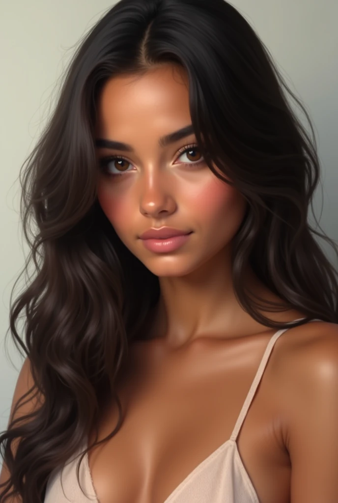 Realistic portrait of a beautiful 1 girl with Latin features, Beautiful tanned brown skin, Brown eyes, long dark hair. beautiful girl model body. regular well formed tits, detailed facial features. ultra realism, maximum resolution, masterpiece