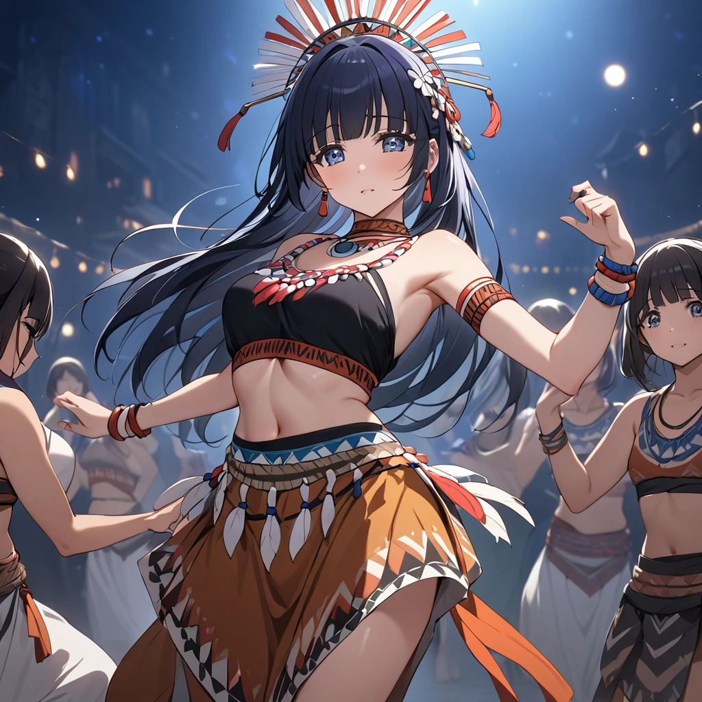 ((Highest quality)), ((masterpiece)), (detailed), (Perfect Face)、The woman is Aoki Reika, a tribal dancer with medium-long hair.、The woman is wearing a primitive tribal dance costume and is dancing a tribal dance.、night