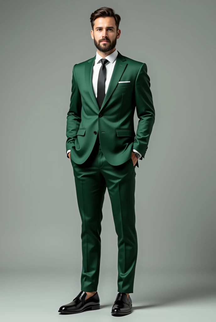 well-dressed man wearing a green suit. He has a well-groomed beard and is wearing a white dress shirt, black tie, and dark dress shoes. The man has a confident and professional demeanor, standing with his hands in his pockets. The background is a plain gray color, which helps to draw the focus to the man's attire and expression make this like a 3d drawing