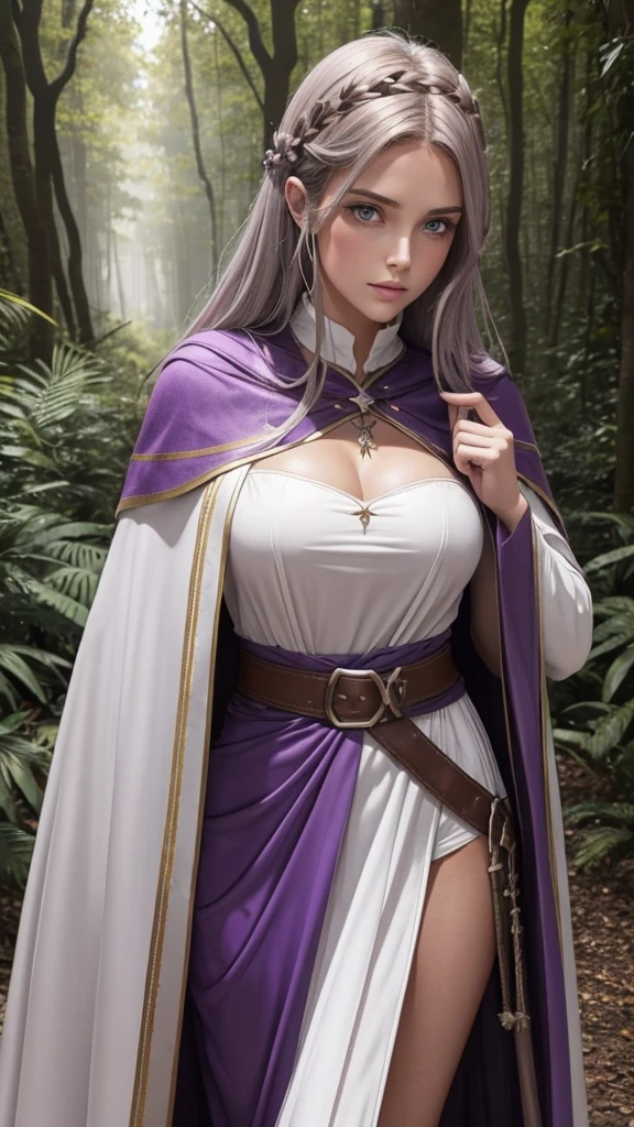 Dieu médiéval fantasy, peau bronzée, cheveux longs, yeux gris, petit, mince, porte une cape beige et violette dans une forêt