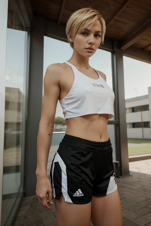 Blonde short haired girl. Tall and fitness. Sportwear. She is scared