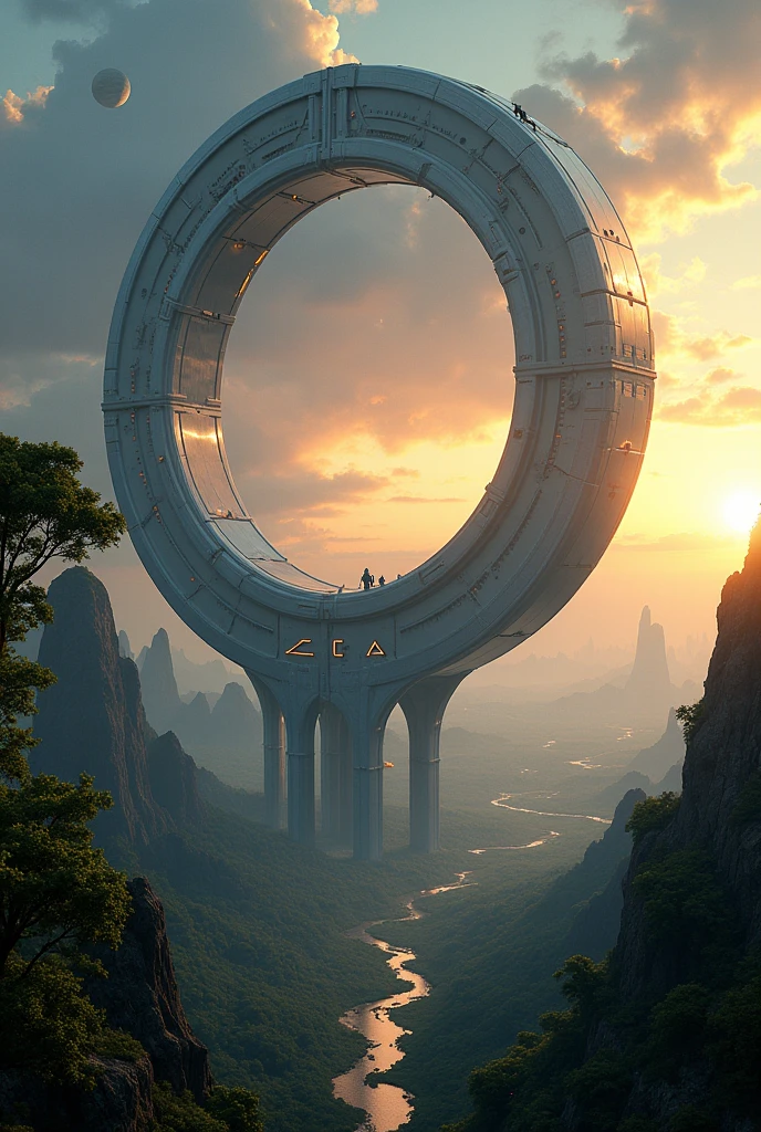 Futuristic space habitat on alien planet:
- Massive ring-shaped structure suspended above planet surface
- Multiple towering support pillars connecting structure to ground
- Pillars have sleek, curved design with visible technological details
- Ring structure has visible segments and intricate architectural elements
- Lower half of image shows lush alien forest landscape with river
- Upper half shows dramatic sky with multiple moons or planets visible
- Sunset/sunrise lighting creating golden glow on one side of sky
- Dark space and stars visible on opposite side
- Reflective surface on ring structure mirroring sky and landscape
- Scale emphasized by tiny lights or vehicles on structure
- Atmosphere of grandeur and advanced civilization
- Style: Photorealistic sci-fi concept art
- Lighting: Dramatic contrast between light and shadow
- Color palette: Rich blues, greens, and golds
- Perspective: Wide angle view showcasing scale of structure