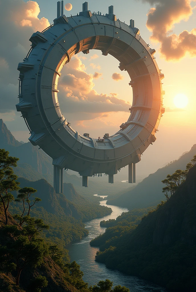 Futuristic space habitat on alien planet:

- Massive ring-shaped structure suspended above planet surface
- Multiple towering support pillars connecting structure to ground
- Pillars have sleek, curved design with visible technological details
- Ring structure has visible segments and intricate architectural elements
- Lower half of image shows lush alien forest landscape with river
- Upper half shows dramatic sky with multiple moons or planets visible
- Sunset/sunrise lighting creating golden glow on one side of sky
- Dark space and stars visible on opposite side
- Reflective surface on ring structure mirroring sky and landscape
- Scale emphasized by tiny lights or vehicles on structure
- Atmosphere of grandeur and advanced civilization
- Style: Photorealistic sci-fi concept art
- Lighting: Dramatic contrast between light and shadow
- Color palette: Rich blues, greens, and golds
- Perspective: Wide angle view showcasing scale of structure