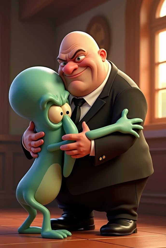Squidward hugging Gru from the minions for a photo
