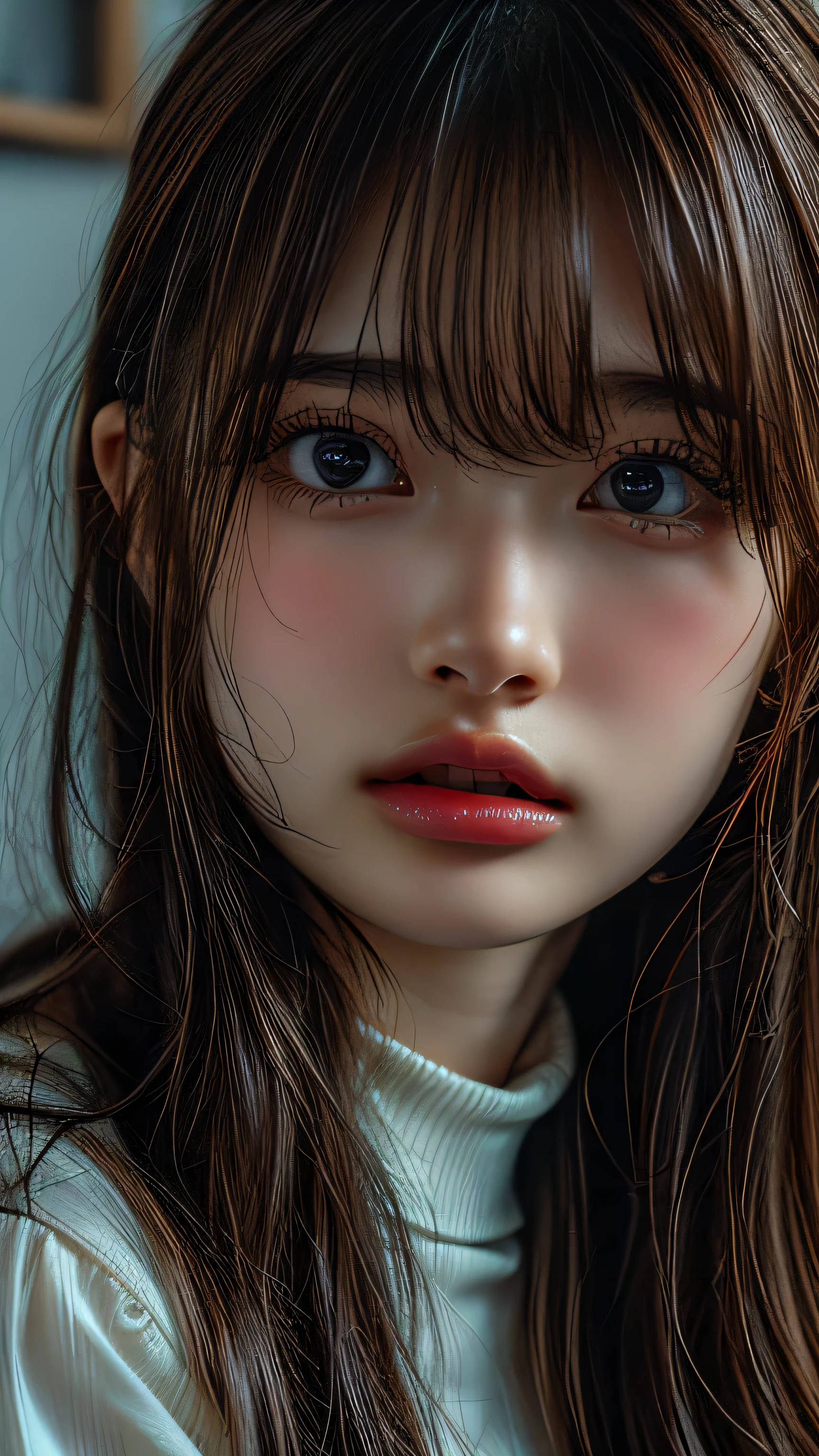 (RAW Photos:1.2), ((Realistic:1.4)), Highest quality, masterpiece, Very detailed, 8k wallpaper, The finer details, Highest quality, Very detailed 8k wallpaper, Detailed face, Detailed eyes, double eyelid, High resolution, ((software)), , aunt, Very large breasts bigger than a face, Short brown hair, Vivid eyes, Sexy lips, Sleeveless turtleneck sweater, Tight blue jeans, In the bedroom