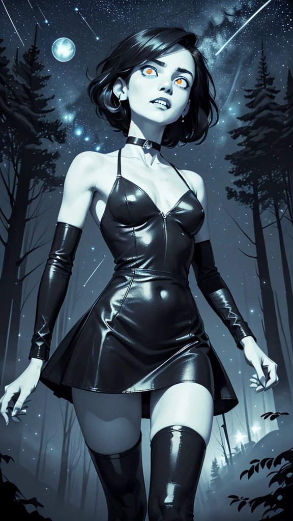 one girl, solo, slender body, fit body, (bust:1.3), (sharp teeth:1.3), (white eyes, pale eyes:1.5), black hair, (short hair:1.2), masterpiece, highly detailed, look at viewer, (look from below, below view:1.3), (leather dress, choker:1.4), (long exposure starry sky with many circular orbits, many stars twinkling in a beautiful bright winter night sky, forest, fractal art, bright colors, colors mashing, complimentary colors, neon, compassionate:1.3), expressing joy, (dark sky background:1.1), (bare shoulders:1.4), (small breast size, small breasts, tiny breasts, flat chest, male chest:1.3), (limited palette:1.7), (legs in leather stockings:1.2)