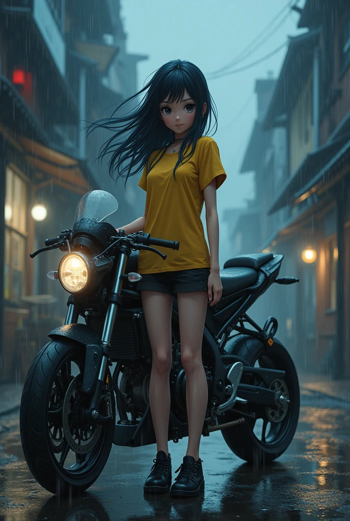 Create an anime girl with beautiful eyes, long black hair, adorable smile, wearing black shorts pant and yellow t shirt, a weapon on her hand, standing on wet road, in rainy weather, in fog, on market Street, front of her modified sports bike. At night