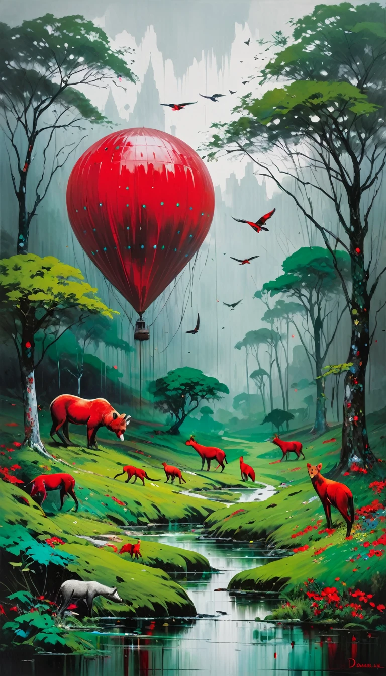 artist by Damien Hirst,inside the village,wild animals,light tones,(smooth strokes),fine sketches,Vivid,Moody,Landscapes,Fantasy,Dark,landscape oil painting, red and green colors
