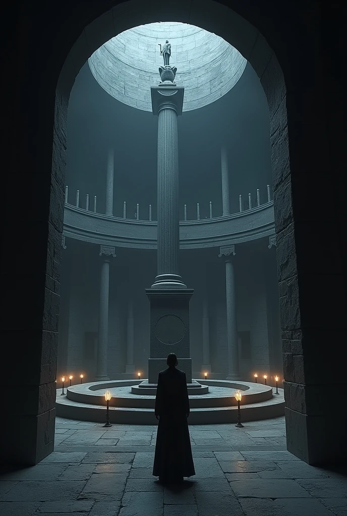 I let out a shaky exhale at the sight before me.
I was in a circular room crafted entirely of stone. I stood in an arched doorway. At the center of the room rose a massive column, stretching floor to ceiling. Two circular barriers surrounded it, as tall as my waist, expanding from the center and each bigger than the last. The stone was
black and polished, clearly the work of fine craftsmanship. Unlit lanterns lined the walls, six around the outskirts of the circle.
Every inch of this place—the