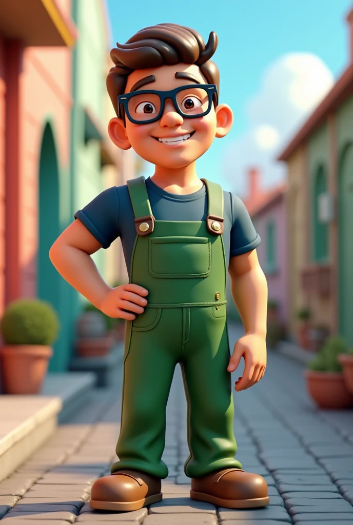 Design a 3D style mascot inspired by the Disney Pixar aesthetic for a 3D plaster company. The mascot must be a friendly and charismatic character wearing green work overalls and a dark blue t-shirt.. He must wear glasses and have short hair. Design should convey a sense of reliability and professionalism, while maintaining a fun and captivating touch. Facial expression should be friendly and inviting, reflecting the approachable and friendly nature