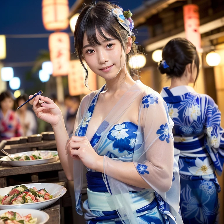 (((The yukata is short and reveals her sexy thighs..)))、(((Shoulder Bare)))、See-through sexy yukata、Cute 20 year old Japanese idol、(((Bare skin visible through the yukata.)))、(((A see-through yukata)))、(One Girl)、Very cute face、Great face and eyes、(Highly detailed eyes、Highly detailed face)、Fresh、Very beautiful appearance、(超Realistic、High resolution)、(Highest quality:1.4)、RAW Photos、(Realistic、Realistic:1.37)、Professional photos、(A pale blue, sheer floral yukata that lets a little skin show through:1.5)、(Open yukata)、(Cleavage:1.2)、(Exposed shoulders)、smile、(Iを見つめて)、(((Crowded food stall at night)))、Portrait of a Girl、(((I&#39;Not wearing underwear)))、Big Breasts、Cleavageを強調、Glowing Skin、It&#39;s hot and humid and I&#39;Sweating、A yukata that fits snugly against the skin