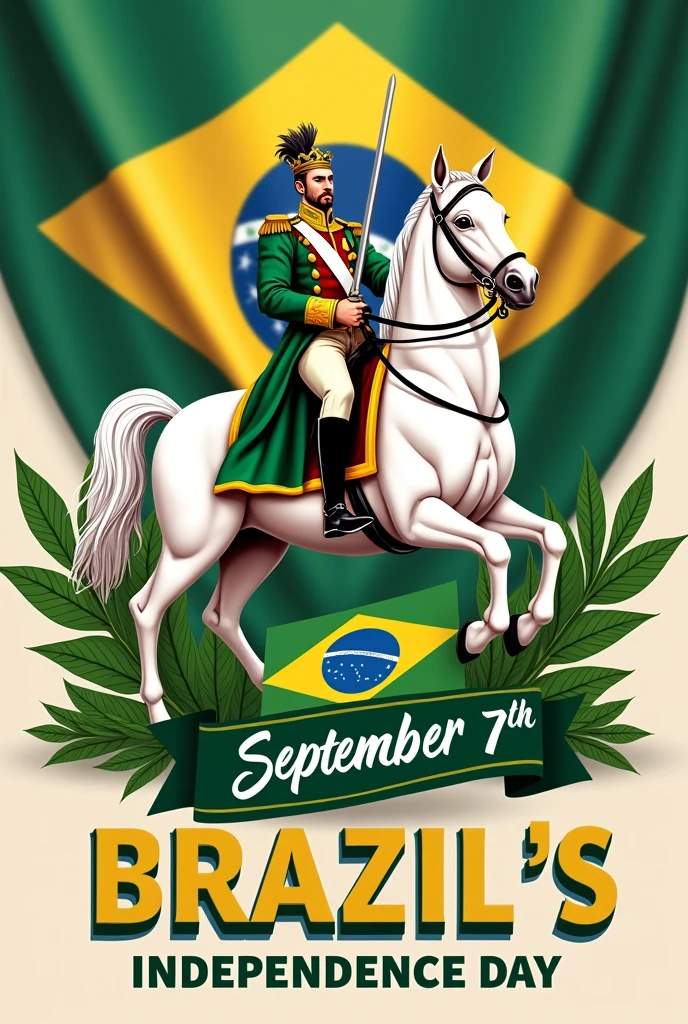 Crie uma ilustração comemorativa do Brazil's Independence Day. The image must include a stylized figure of Dom Pedro I, the emperor of Brazil, Riding on a white horse, with a determined expression and wearing historical costumes from the time of independence, including a green and gold military uniform. He must be holding a sword in his right hand, pointed upwards, symbolizing leadership and courage. The background must be composed of colors that represent Brazil, like green, yellow and blue, and may include Brazilian flags and graphic elements that evoke patriotism. Include text that says "Brazil's Independence Day" with the date "September 7th", in a modern and eye-catching typography