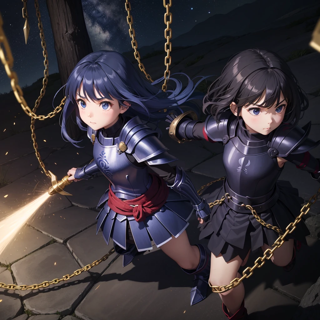 最high quality、high quality、Simple Cloth Armor、10Year-old girl adventurer、Equipped with a weapon that has a short chain at the end of a stick and a spiked iron ball at the end of the chain、In a dark maze、Indigo armor
