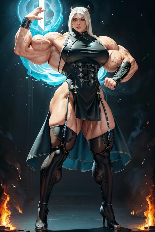 Massive, beautiful, buff, light brown skinned, muscular woman with white hair, black lipstick, glowing blue eyes, ginormous bulky muscles, (((beautiful long black leather cheongsam dress))), (close view), massive muscles, massive biceps, hyper muscle triceps, long straight hair, blue eyes, ((cheongsam dress)), (studded wristband), (((thigh high socks))), high heels, (in a sea of white flames), surrounded by white fire, night, smirk, hyper muscles arms, hyper muscle legs, massive arms.