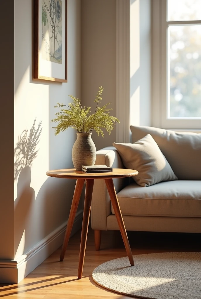I want a living room, with a corner table next to the sofa, the table is a tripod, in 1080 px by 1080 px