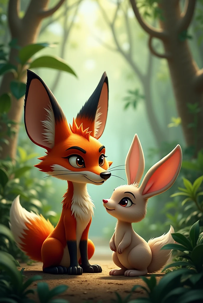 Here is the first scene from the story: the sly fox and the innocent rabbit standing together in the jungle.Would you like me to generate images for the remaining scenes as well?