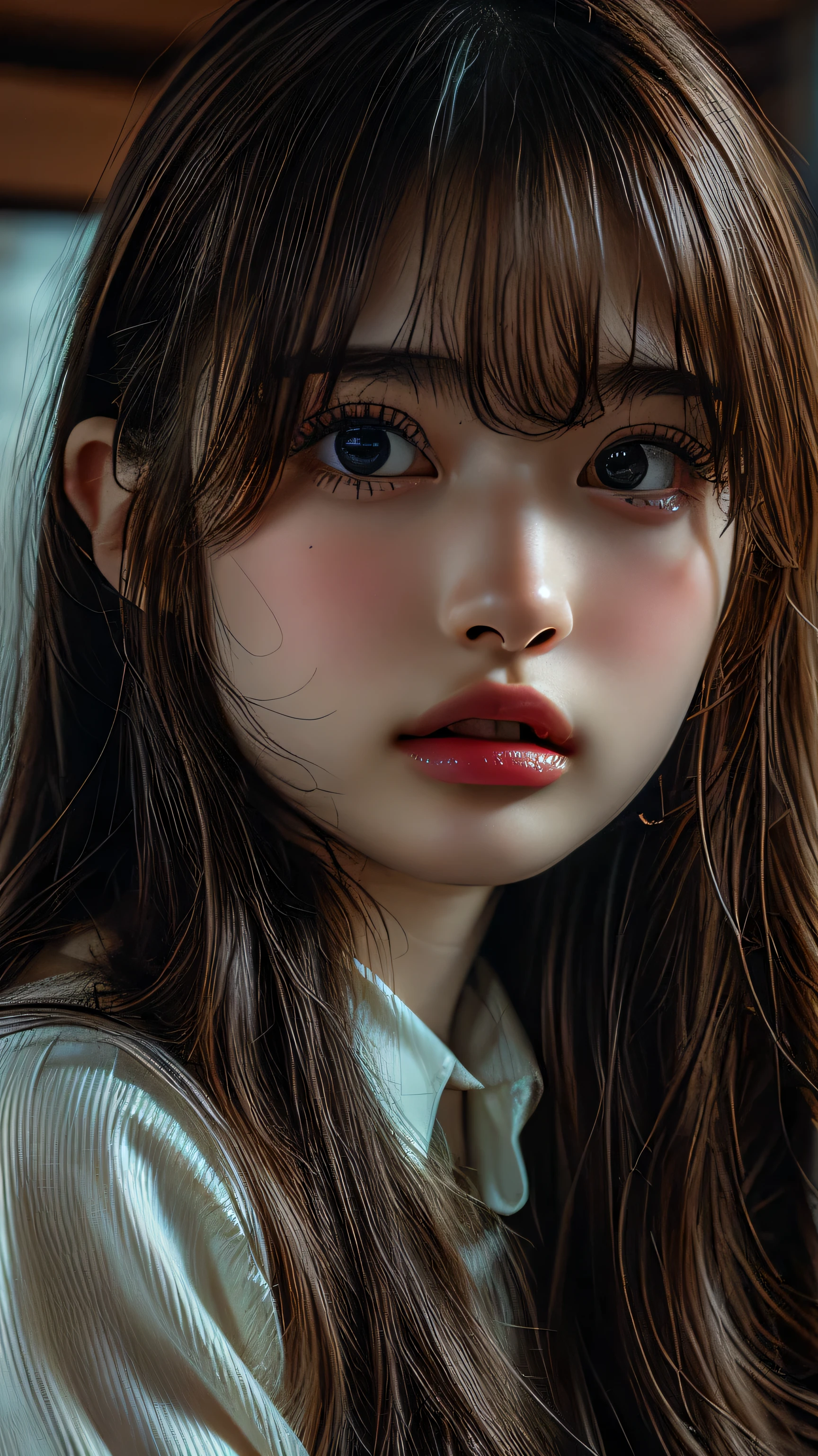 (RAW Photos:1.2), ((Realistic:1.4)), Highest quality, masterpiece, Very detailed, 8k wallpaper, The finer details, Highest quality, Very detailed 8k wallpaper, Detailed face, Detailed eyes, double eyelid, High resolution, ((software)), , aunt, Very large breasts bigger than a face, Short brown hair, Vivid eyes, Sexy lips, Sleeveless turtleneck sweater, Tight blue jeans, In the bedroom