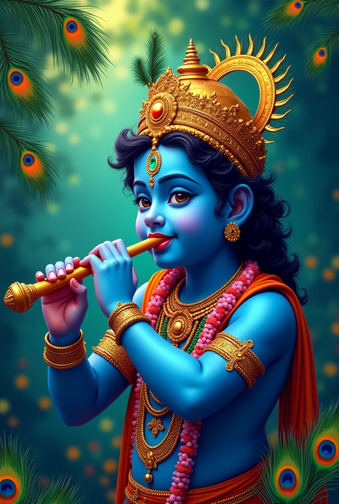  "Create a festive and professional artwork for the Janmashtami celebration featuring the text 'Happy Janmashtami' alongside the company name 'pharmacomplaince.Rx'. The design should integrate traditional Indian elements such as Lord Krishna playing the flute, vibrant peacock feathers, and a colorful palette of blue, gold, and green. Ensure the composition balances a joyful, cultural aesthetic with a corporate look, suitable for a pharmaceutical company. The overall feel should be celebratory yet elegant, capturing the spirit of the festival while maintaining a polished and sophisticated tone."