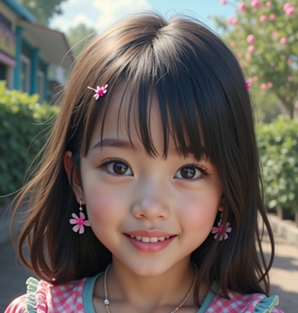 Photoreal、Chibi girl taking a commemorative photo at an ancient ruin in South America、smile