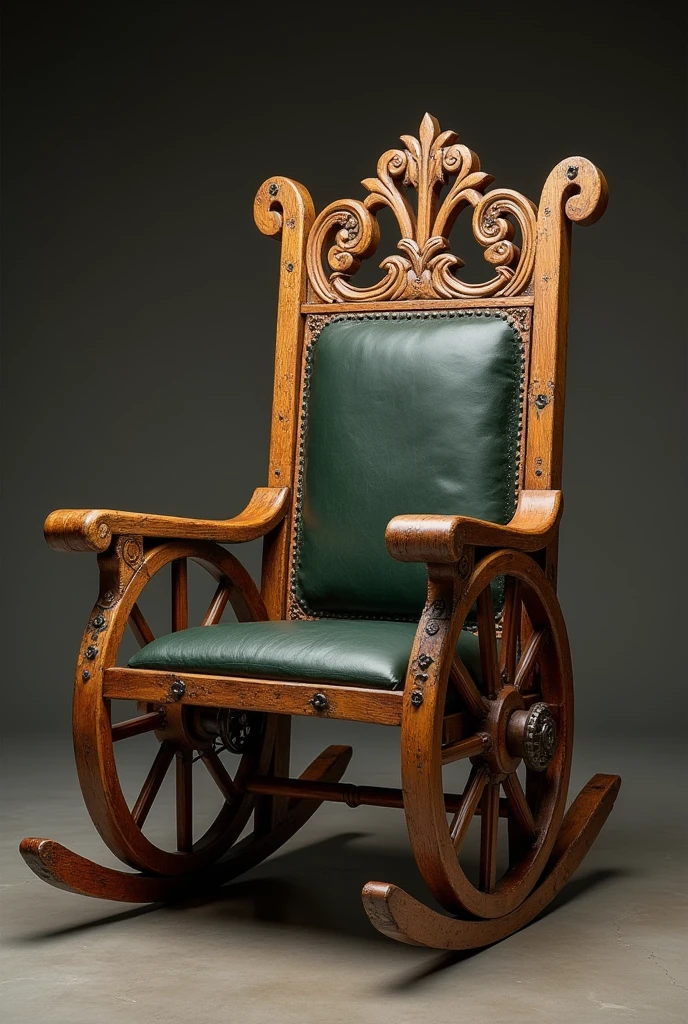 Rocking chair, of wood, rustic style. Con muchos detalles of wood. With large, bulky wheelbarrow wheels on its armrests, A comfortable, padded seat and backrest in dark green leather, and a wood full of openwork details made by a carpenter, with many decorations. En su respaldo en la parte de arriba quiero un diseño calado of wood original. Designed for an upper-class hobbit from the Lord of the Rings movie. The chair must be eye-catching, with many details, high quality. 