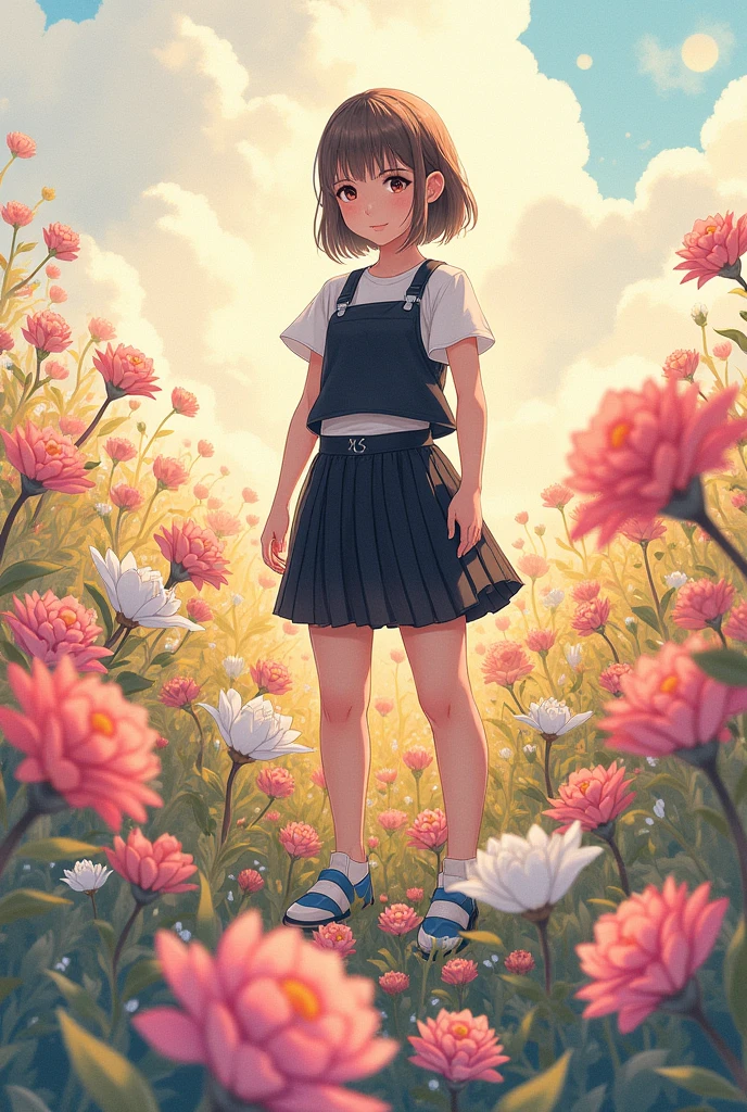 Create a person standing on top of flowers and with 1.60 tall with light brown eyes white skin with a slightly round face with hair combed down with an almost brown color and with a black and white outfit with blue shoes
