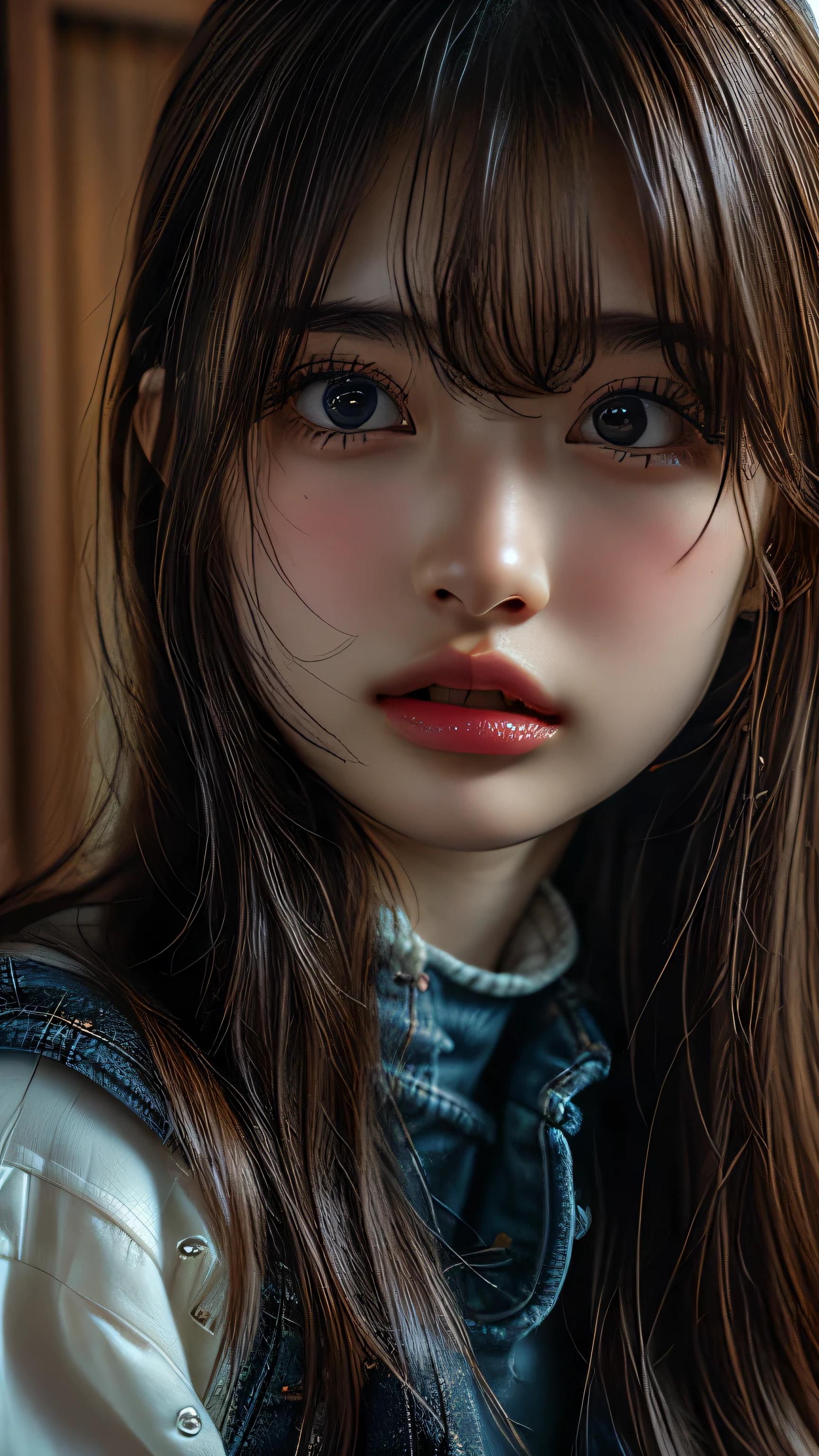 (RAW Photos:1.2), ((Realistic:1.4)), Highest quality, masterpiece, Very detailed, 8k wallpaper, The finer details, Highest quality, Very detailed 8k wallpaper, Detailed face, Detailed eyes, double eyelid, High resolution, ((software)), Japanese women, aunt, Very large breasts bigger than a face, Short brown hair, Vivid eyes, Sexy lips, Sleeveless turtleneck sweater, Tight blue jeans, In the bedroom