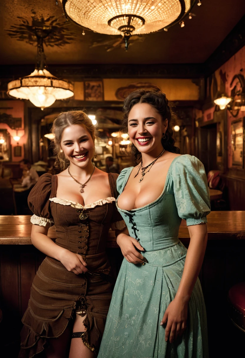a vulgar saloon in the wild west of america, 2 playful saloon girls in cheap dresses with low necklines, laughing and chatting with vulgar customers, detailed facial features, ornate saloon interior, warm lighting, muted color palette, highly detailed, photorealistic, 8k, cinematic composition, dramatic lighting