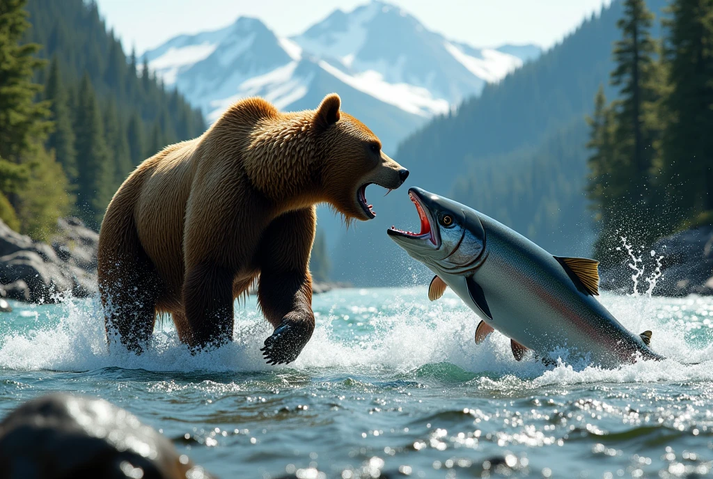 best quality, masterpiece, (A brown bear and a giant salmon are fighting in the river)、(A salmon is trying to bite a brown bear with its big mouth)、(A brown bear is trying to hit a salmon with its sharp, clawed hands)、(Lots of splashes:1.3)、(low angle:1.3)、(With a wide-angle lens:1.3)、(Decisive moment:1.3)、(Beautiful mountain river)