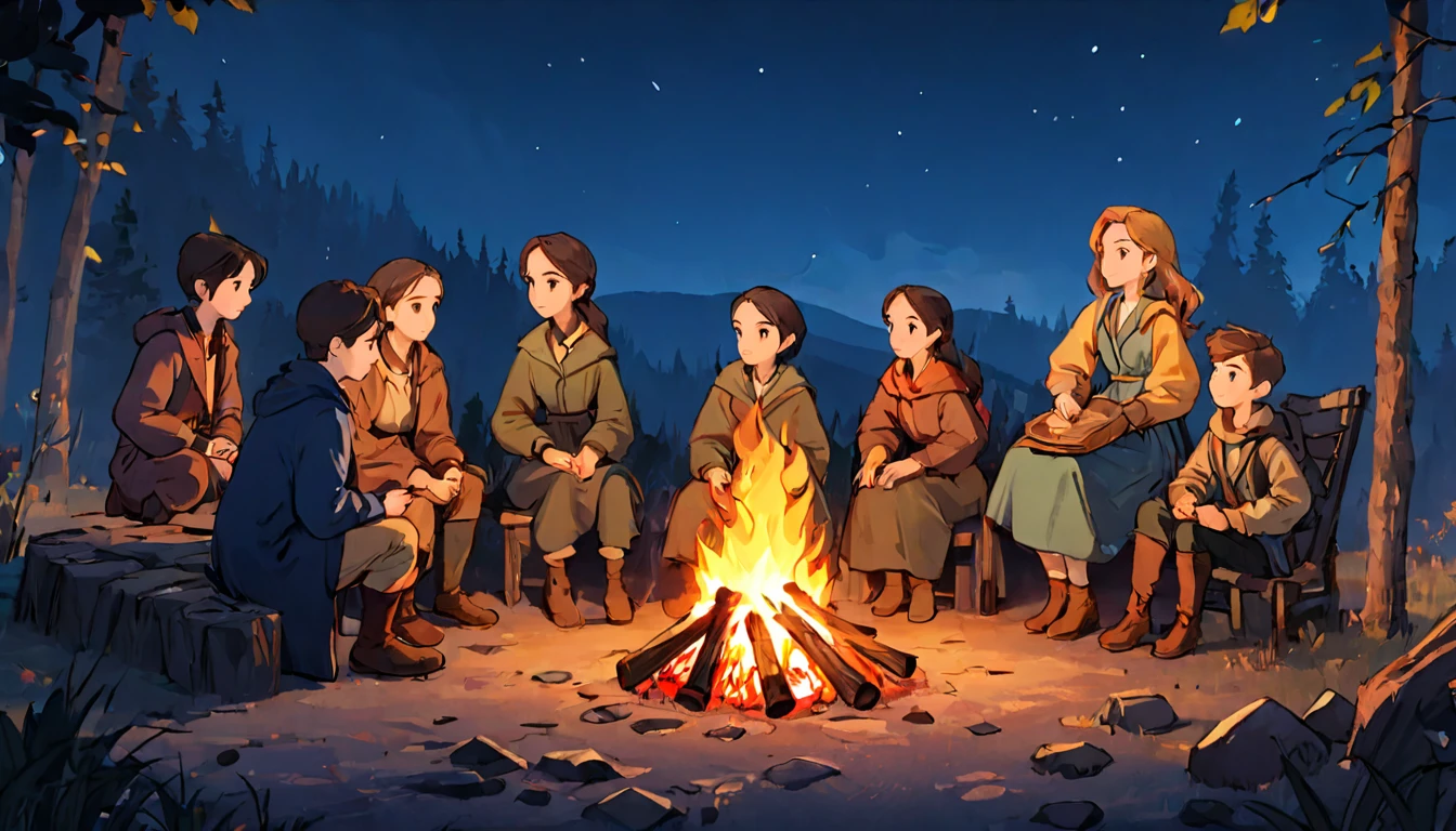 Date: 2021
Description:
Capture a Pre-Raphaelite-inspired scene of a group of tween friends dressed in modern camping attire, sharing stories and roasting marshmallows around a mesmerizing, crackling campfire under a starry night sky.