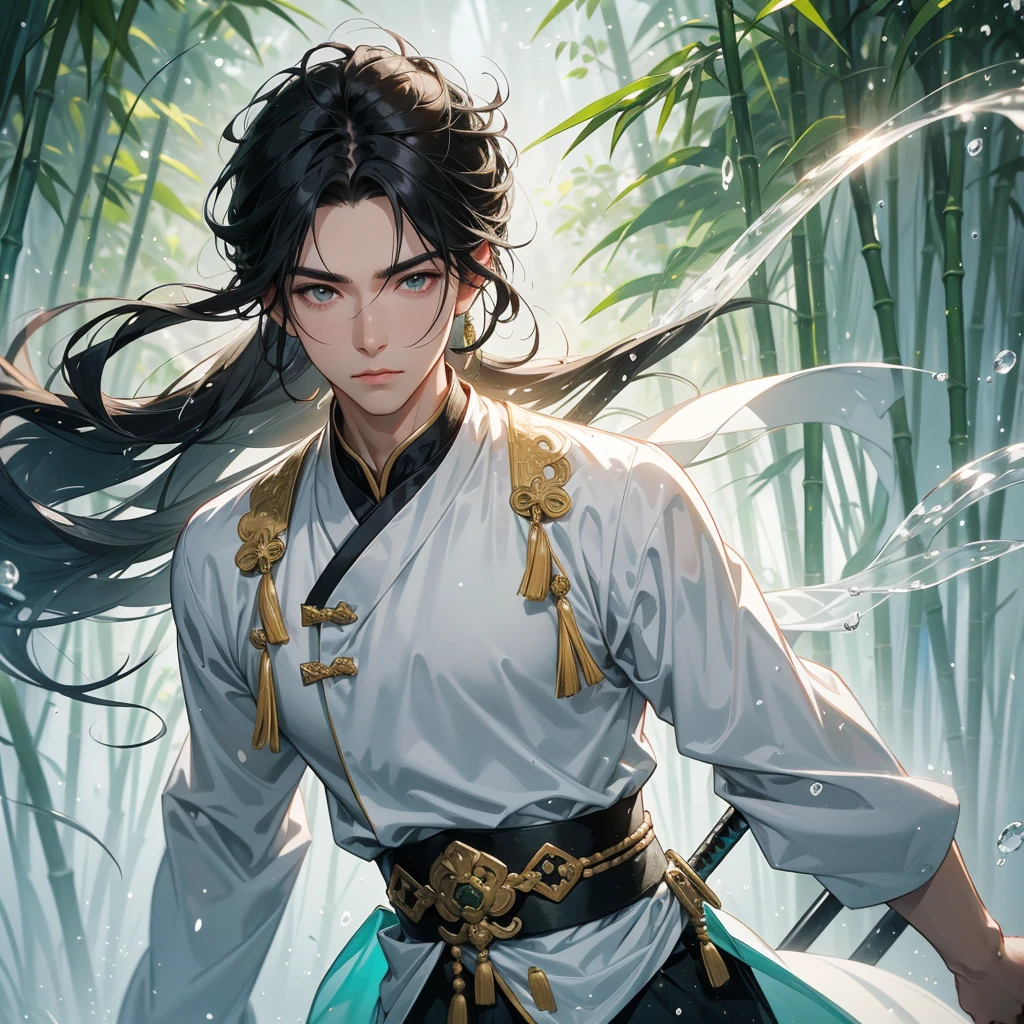 a Handsome black-haired male holding a large sword in white ancient Chinese costume, the back is a lush green bamboo forest. the air after rain has water droplets splashing around. close up.