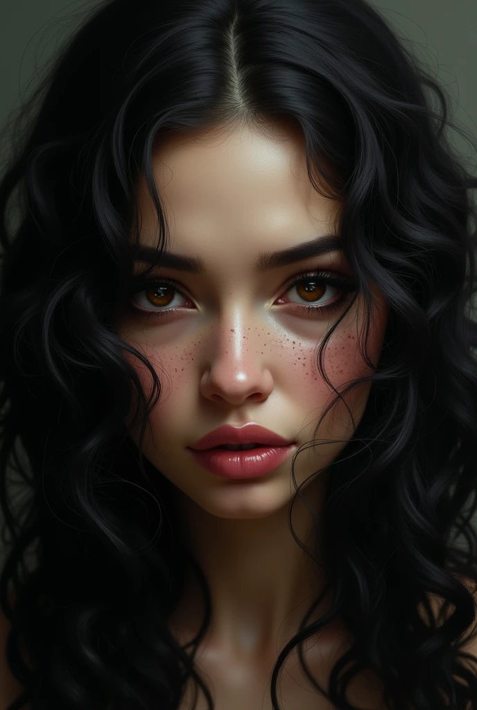 She has long jet black curly hair, jet black arched done eyebrows,almond shaped eyes,dark brown eyes, long eyelashes,button nose,freckles,thick lips,high cheek bones,sharp jawline REALISTIC 
