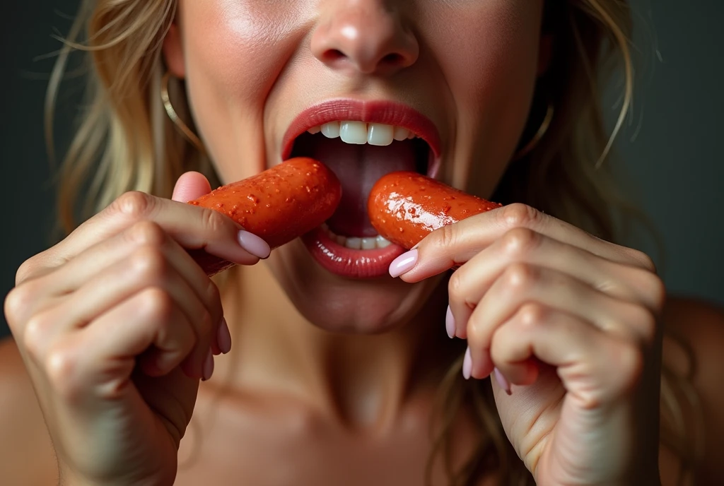 put sausage in mouth,ahegao,Saliva,Heaps of sausages in both hands,muscular fat Saliva woman Eating penis shaped sausage 　battle contest,in kitchen stadium,