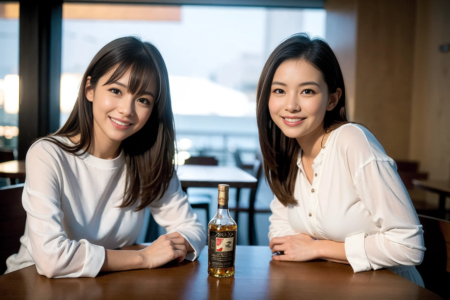 ((Highest quality、8k、masterpiece:1.3))、Slim Couple、Model Couple、(Realistic, Intricate details:1.2), full-course dinner、Whiskey bottle and glass on the table、Single Malt、scotch、Rocks glass、Shot Glass、on the rocks、Scotland、Amazing view of the sunset sky and clouds、A bright smile、short hair,Bright Face、 (Age 37), 3,Two beauties、Brown Hair、Shortcuts、Long sleeve shirt、dress, (Slim face), (The body is スリム), (Brown Hair), (Shortcuts), restaurant, In a prominent place (From the waist up) Nova Frog Style, (smile: 1.15), Beautiful fine grain, Depth f/2,saturation, High Contrast, Strong light and shadow,Moist Body:1.5、3D texture、