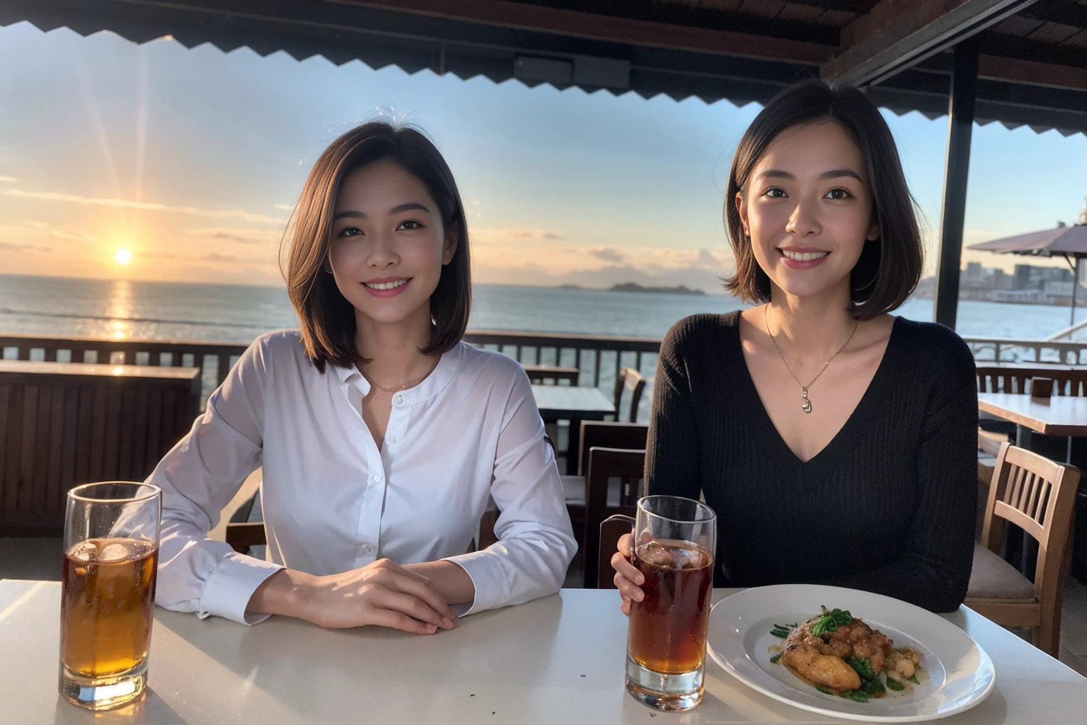 ((Highest quality、8k、masterpiece:1.3))、Slim Couple、Model Couple、(Realistic, Intricate details:1.2), full-course dinner、Whiskey bottle and glass on the table、Single Malt、scotch、Rocks glass、Shot Glass、on the rocks、Scotland、Amazing view of the sunset sky and clouds、A bright smile、short hair,Bright Face、 (Age 37), 3,Two beauties、Brown Hair、Shortcuts、Long sleeve shirt、dress, (Slim face), (The body is スリム), (Brown Hair), (Shortcuts), restaurant, In a prominent place (From the waist up) Nova Frog Style, (smile: 1.15), Beautiful fine grain, Depth f/2,saturation, High Contrast, Strong light and shadow,Moist Body:1.5、3D texture、