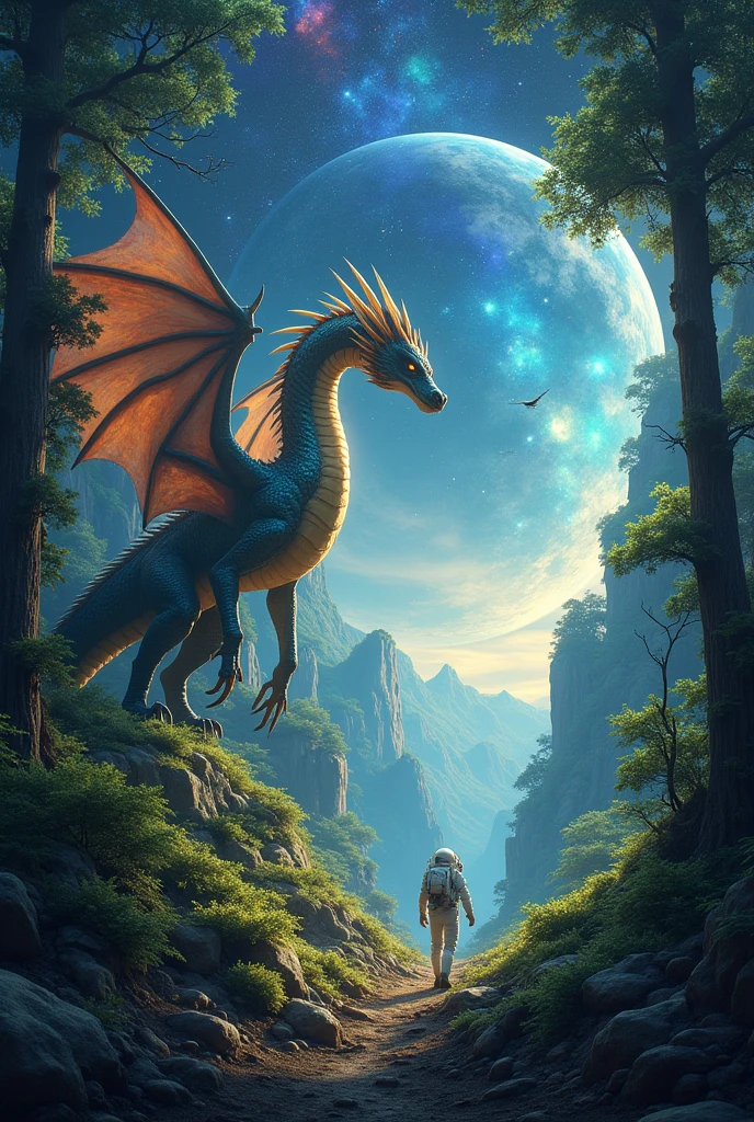 forest with a dragon and in the background space and an astronaut