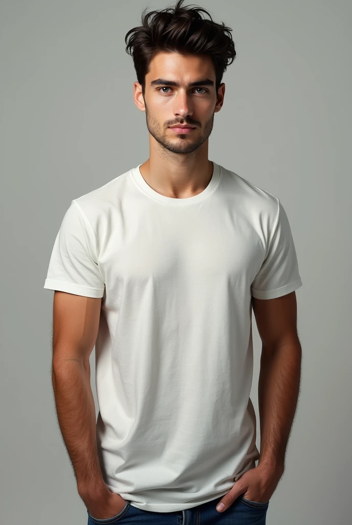 Create realistic photo, young guy 2 of European appearance looking forward to the camera, full-face, ultra-drawing of the face, blue eyes, dark hair, stylish haircut, masculine face, premium quality, best resolution, full-length, wearing a T-shirt and jeans