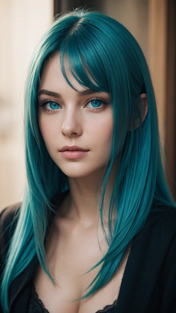 portrait, a beautiful European woman, Oval face, blue hair. Green eyes. Solo.